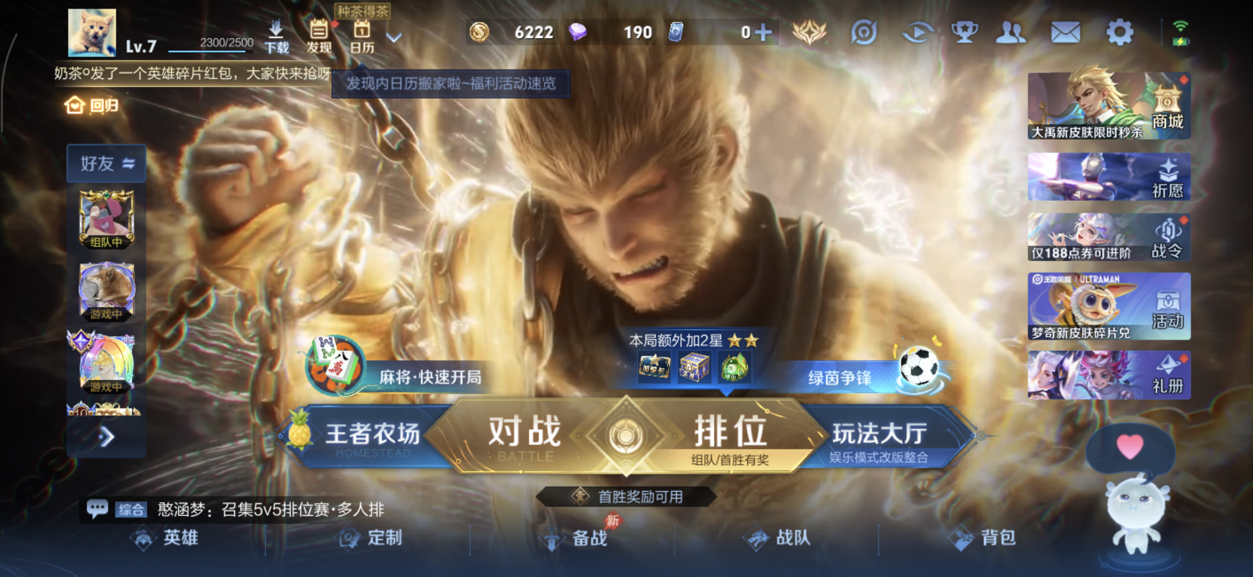 大厅左上角昵称位置空白，只剩等级